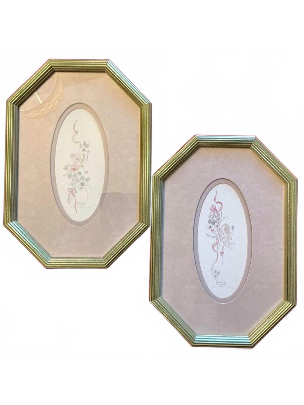 Mary Vincent Bertrand Signed Numbered Watercolor Cherub Portraits Hexagon